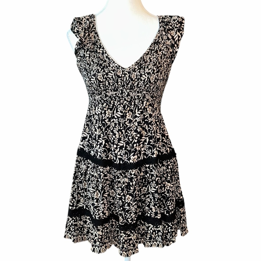 Angie Smocked Black and Beige Floral Patterned Mini Dress S